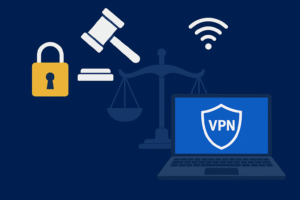 A flat-style digital illustration of a person holding scales of justice and a shield labeled “VPN,” symbolizing the legal and ethical considerations of VPN usage, set against a dark blue background with abstract icons representing internet security and global access.