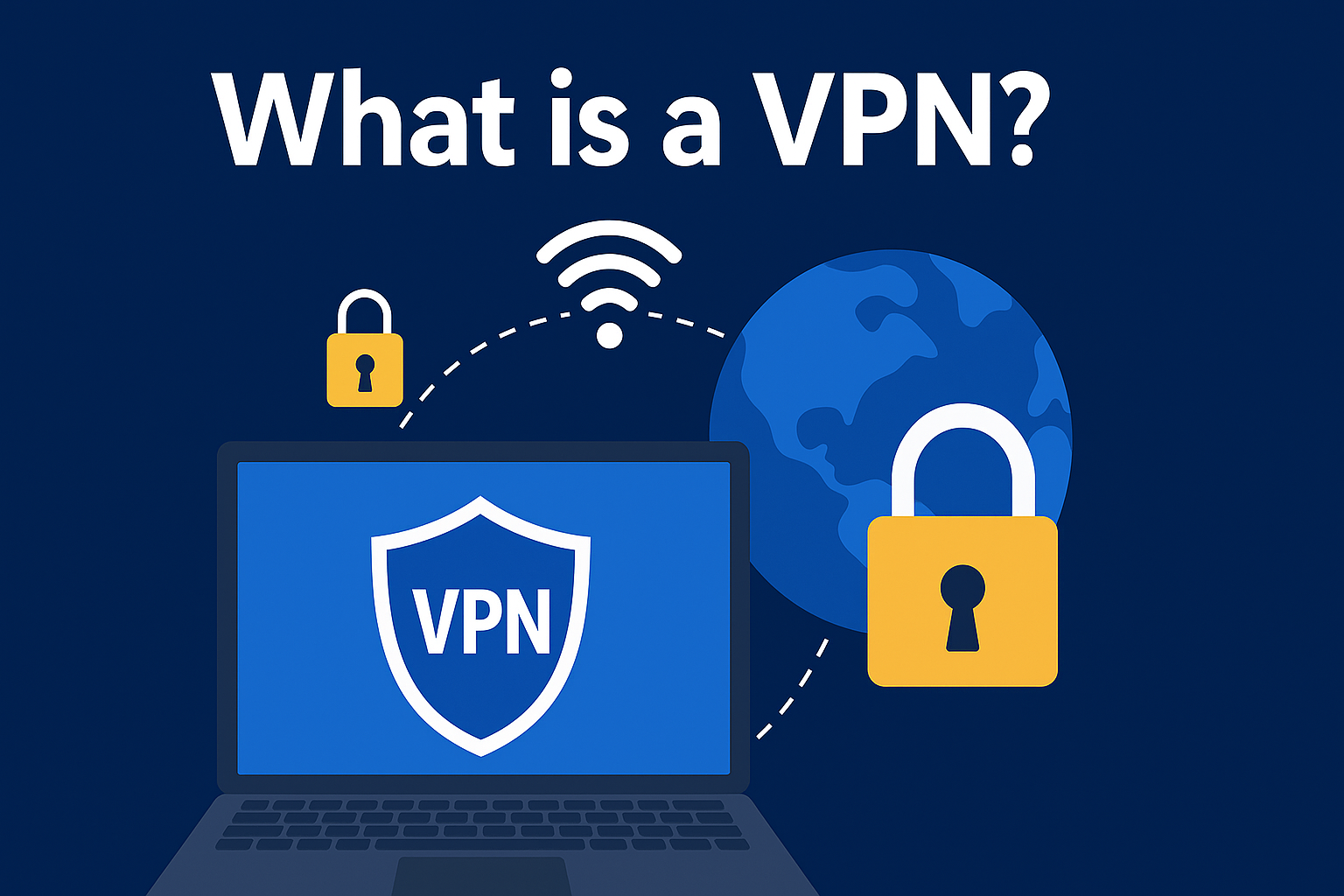 What is a VPN? Illustration showing a laptop with a VPN shield icon on the screen, connected to a globe and secure padlocks, symbolizing internet security, encryption, and digital privacy with VPN usage.